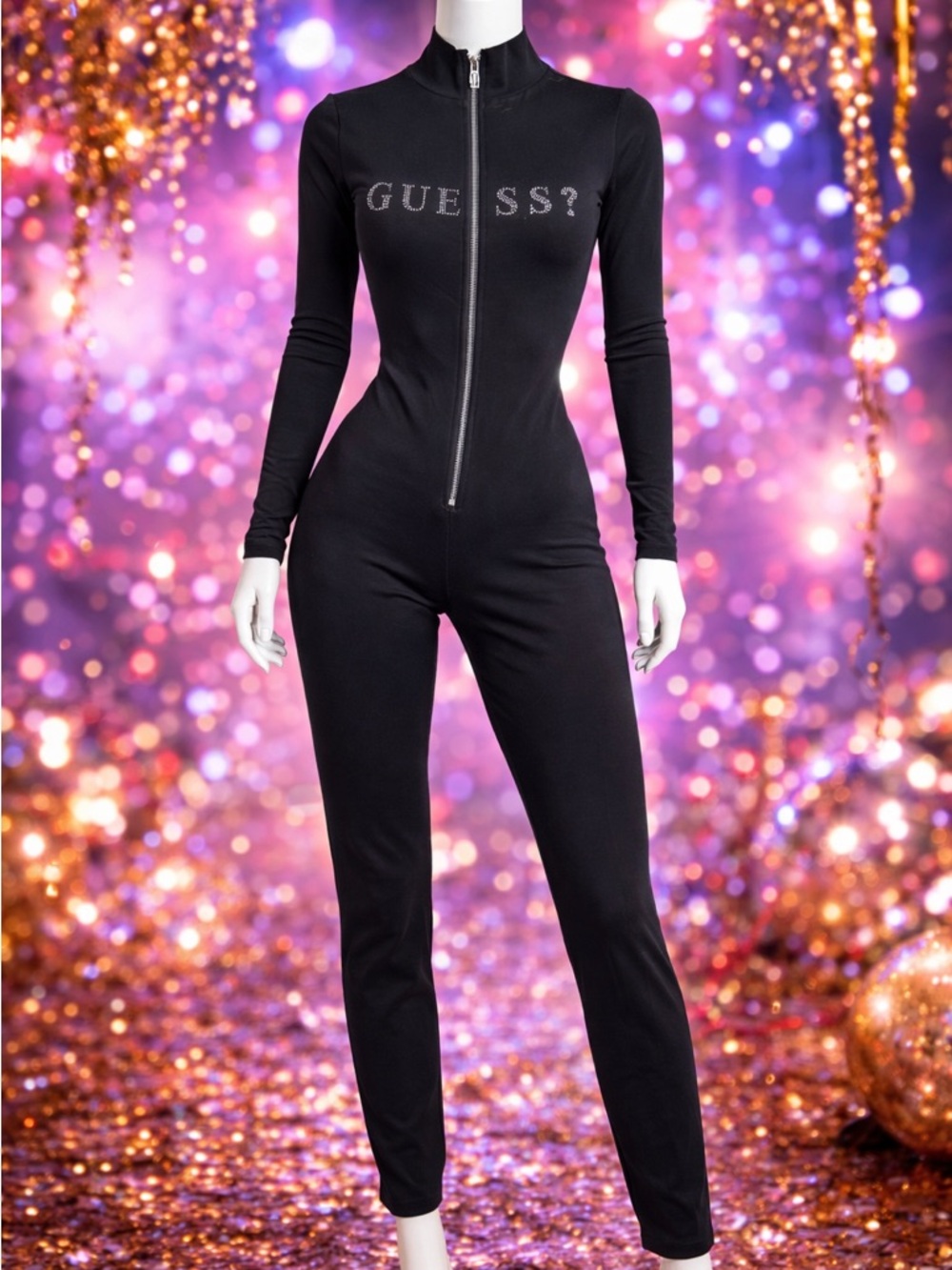 Guess Black Rhinestone Logo Zip-Front Jumpsuit